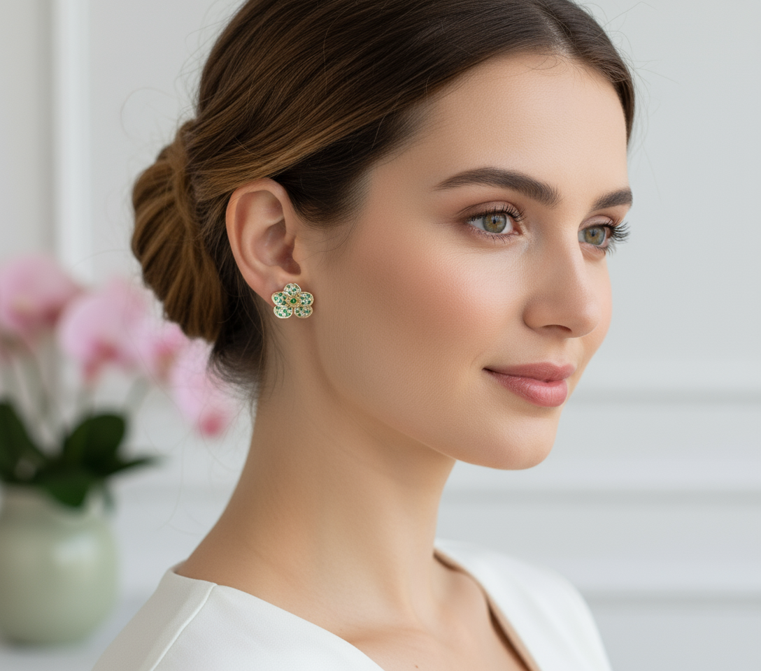 Shimmer me Vanda Collection: Gold Emerald Zircons Studs