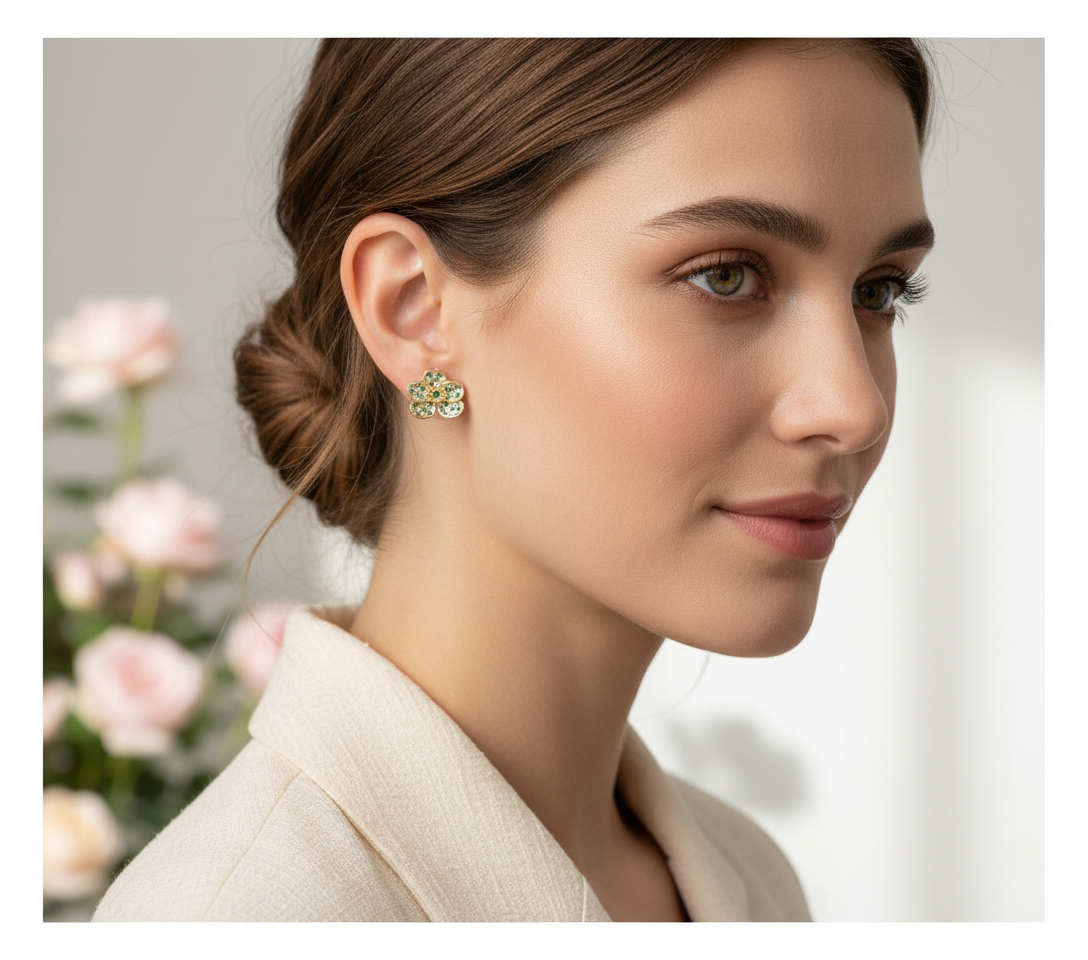 Shimmer me Vanda Collection: Gold Emerald Zircons Studs