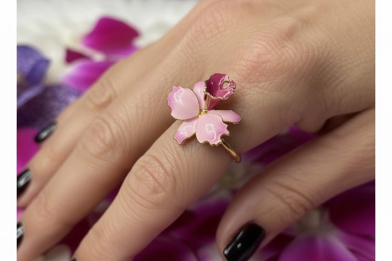 Drama Collection:  Pink Splash Cattleya Dowiana Orchid Statement Ring