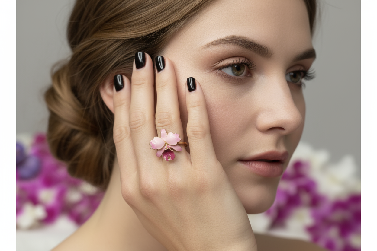 Drama Collection:  Pink Splash Cattleya Dowiana Orchid Statement Ring