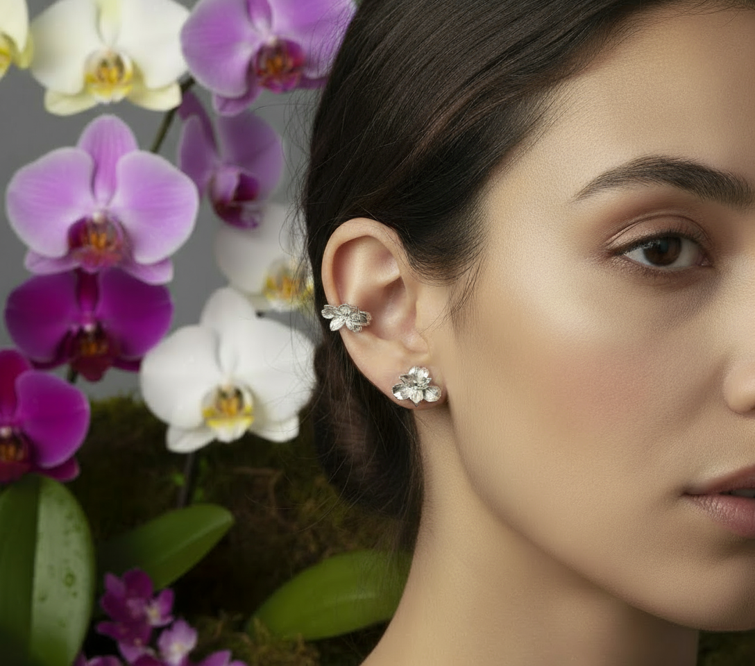Cattleya Orchid Ear Cuff, Sterling Silver No Piercing Earring - Orchidique