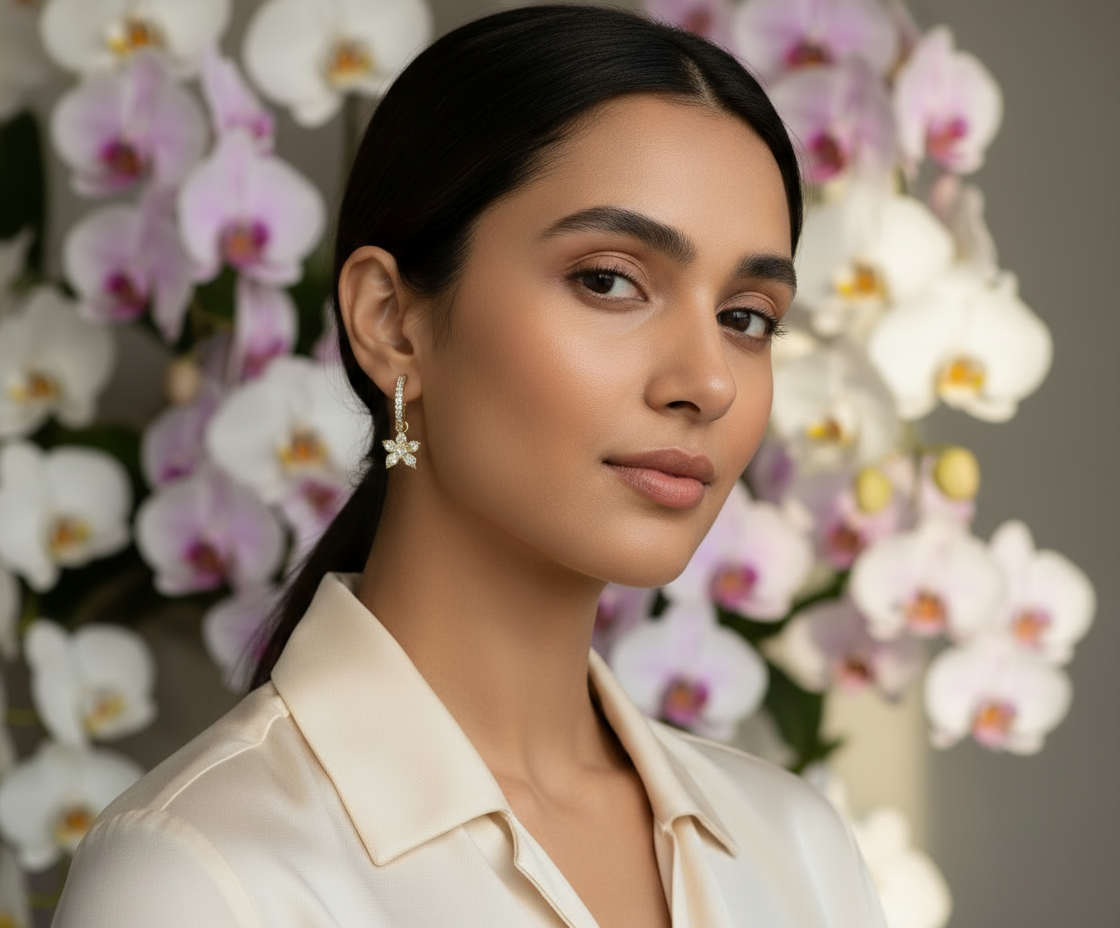 La Brillosa Cattleya Collection Zircon Huggie Hoop Earrings with Orchid Charm