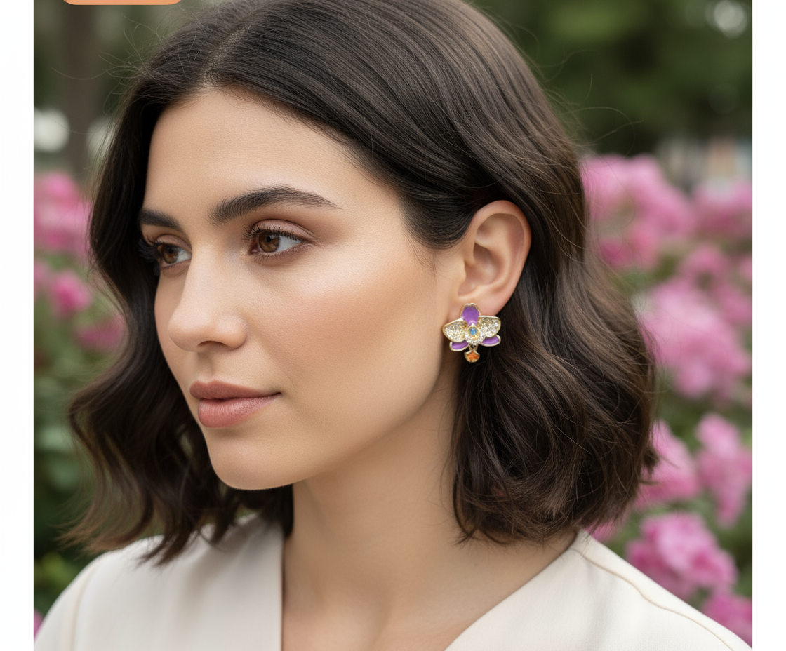 The Phalaenopsis Novelty Collection: Purple Zircon Gold Orchid Stud Earrings - Orchidique