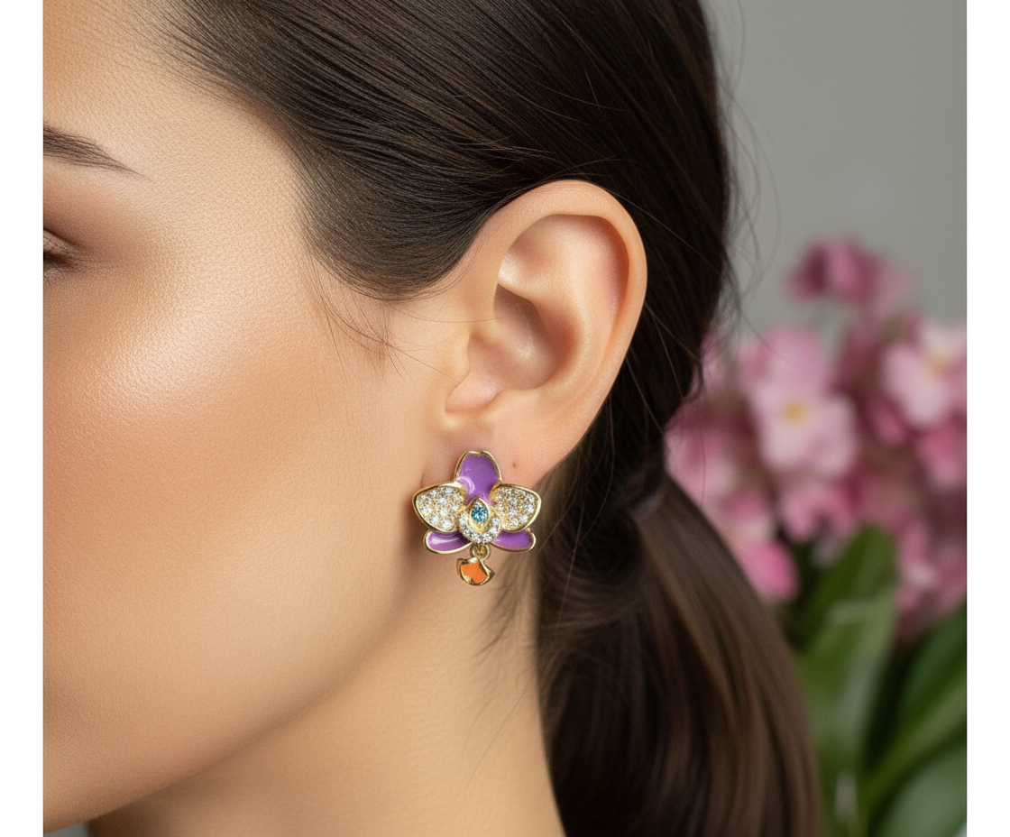 The Phalaenopsis Novelty Collection: Purple Zircon Gold Orchid Stud Earrings - Orchidique