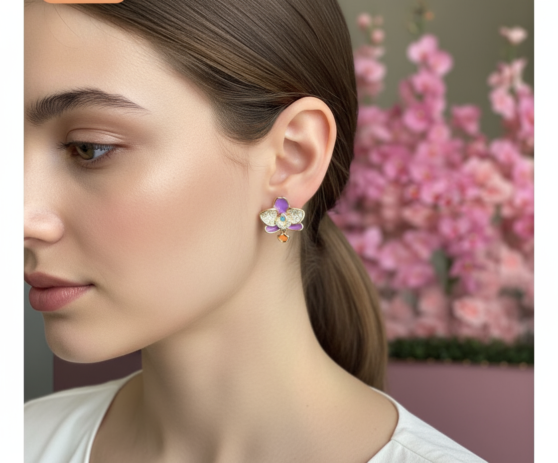The Phalaenopsis Novelty Collection: Purple Zircon Gold Orchid Stud Earrings - Orchidique