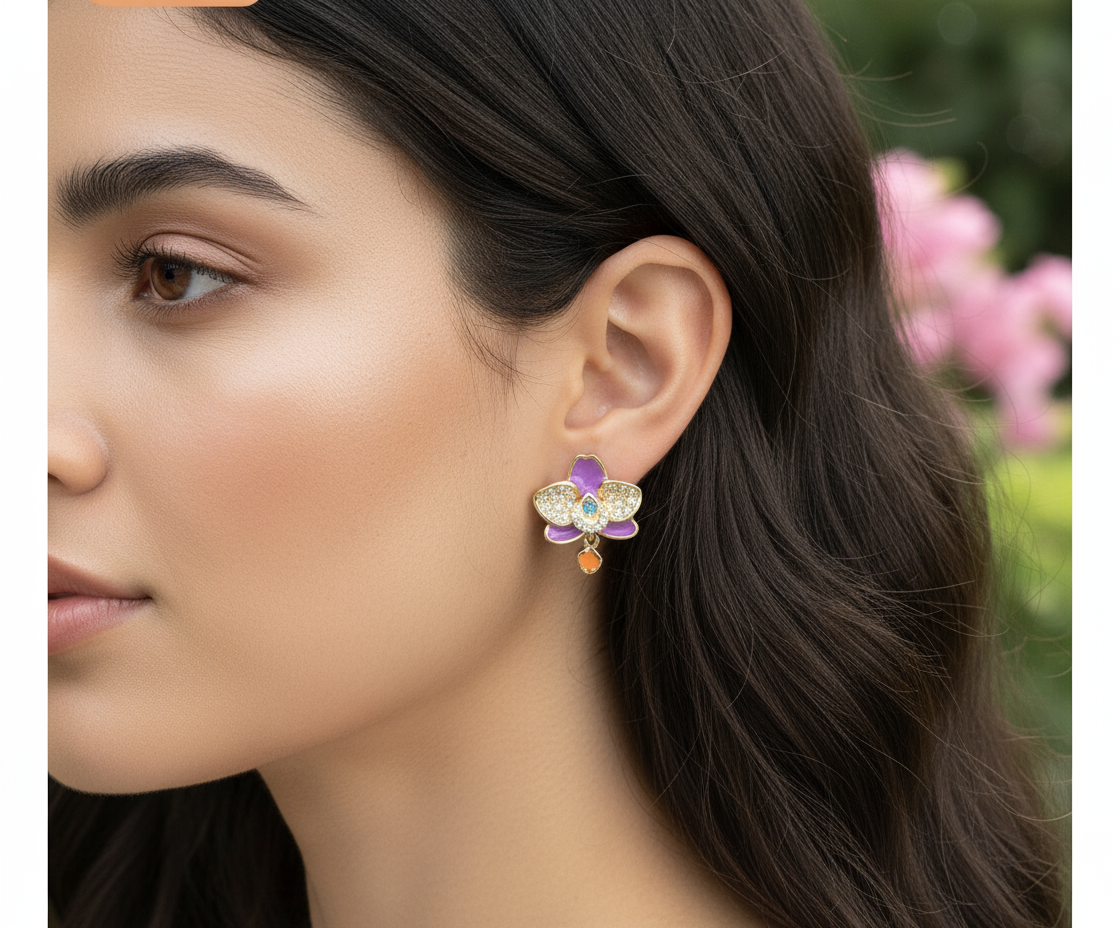 The Phalaenopsis Novelty Collection: Purple Zircon Gold Orchid Stud Earrings - Orchidique