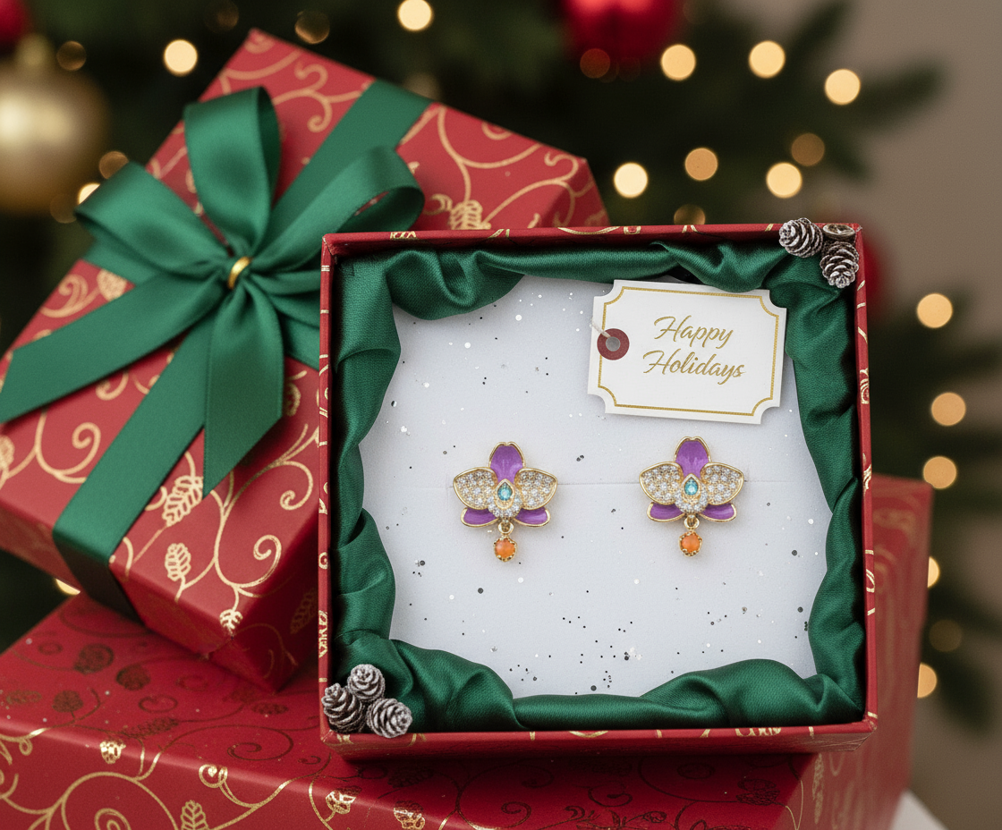 The Phalaenopsis Novelty Collection: Purple Zircon Gold Orchid Stud Earrings - Orchidique