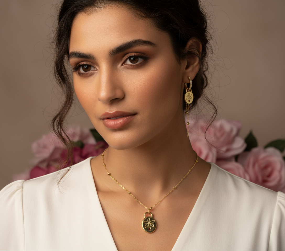 Harmony Gold Collection: Etched 14c Gold Orchid Necklace & Earrings