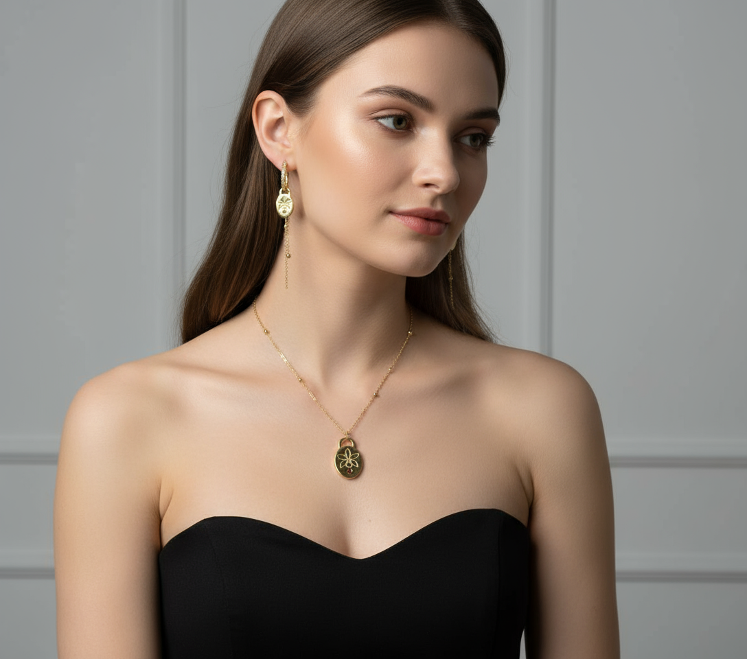 Harmony Gold Collection: Etched 14c Gold Orchid Necklace & Earrings