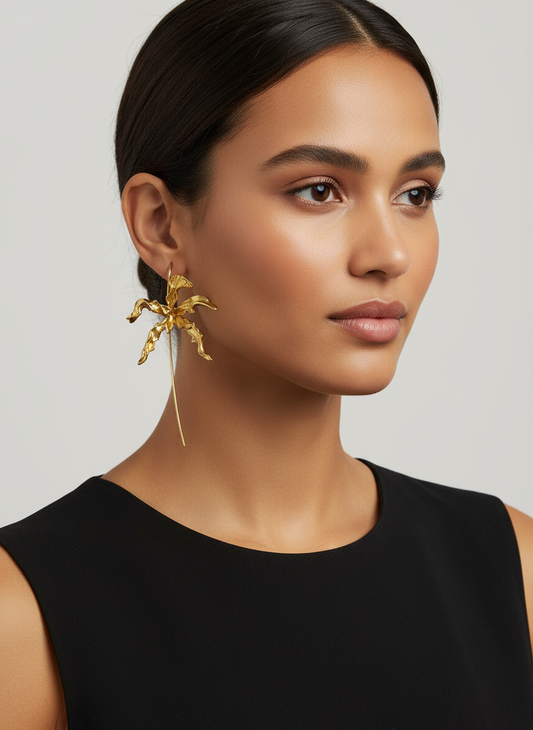 Meticulous: Schomburgkia Gold Orchid Flower Dangle Earrings