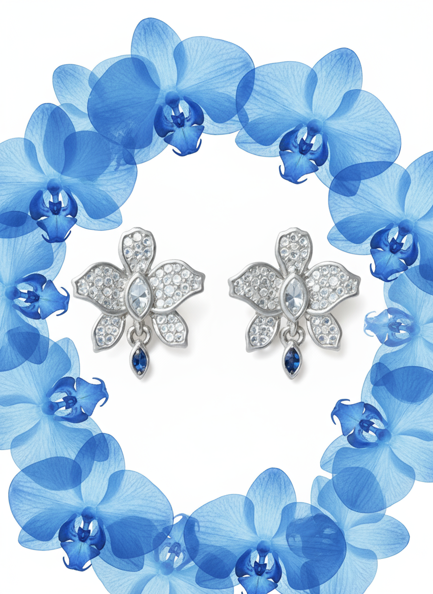 Fairy Dream Cattleya Earrings Collection -White Gold Zircon Sapphire Cattleya Drop