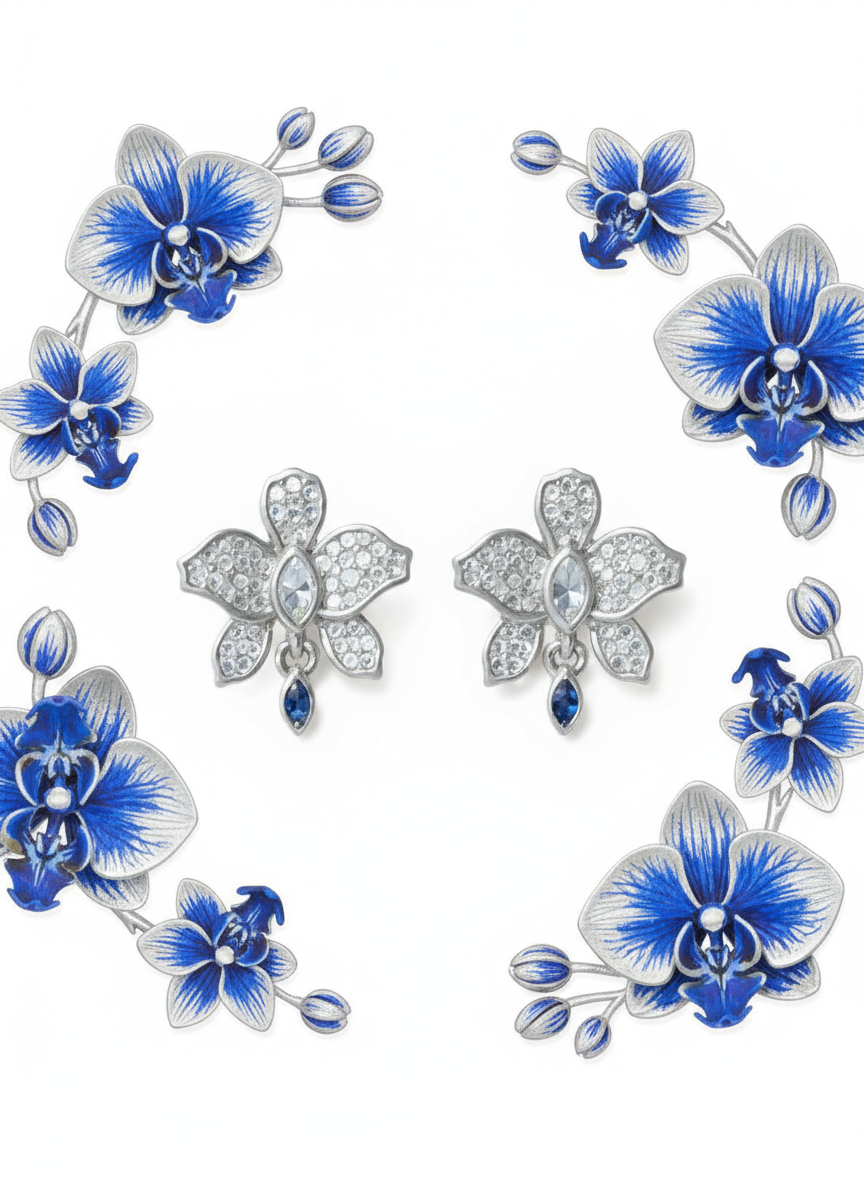 Fairy Dream Cattleya Earrings Collection -White Gold Zircon Sapphire Cattleya Drop