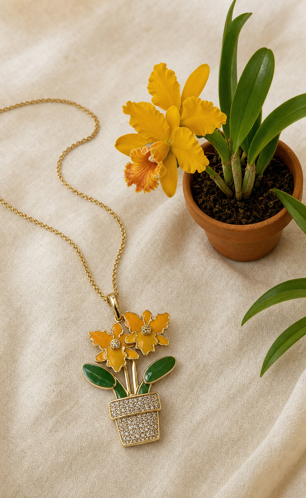 Yellow Cattleya orchid in miniature pot pendant necklace