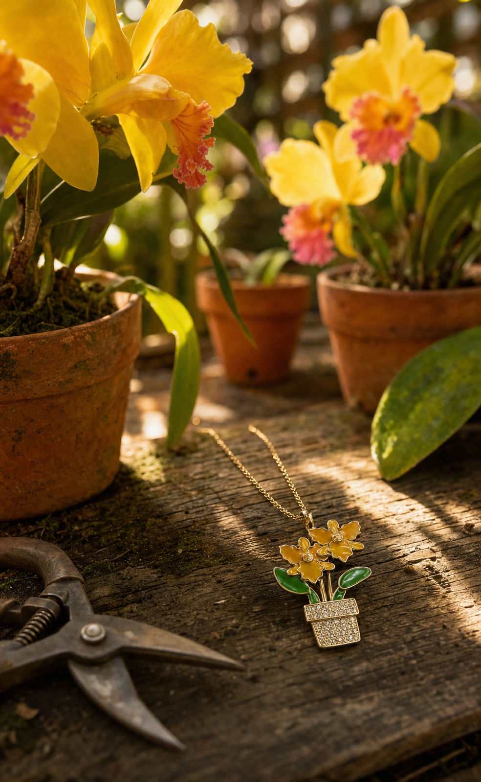 Yellow Cattleya orchid in miniature pot pendant necklace