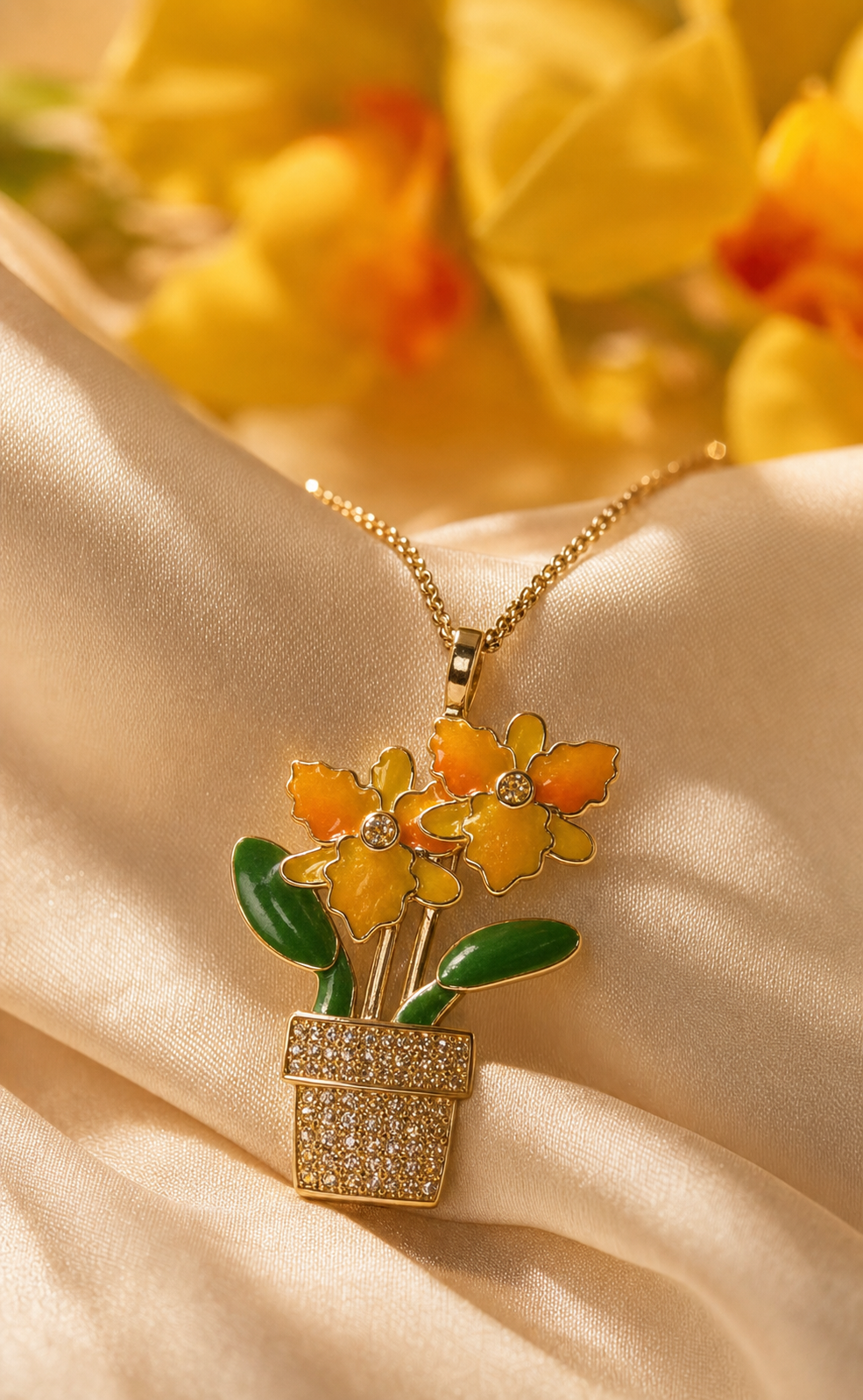 Yellow Cattleya orchid in miniature pot pendant necklace