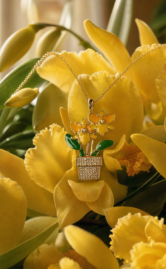 Yellow Cattleya orchid in miniature pot pendant necklace