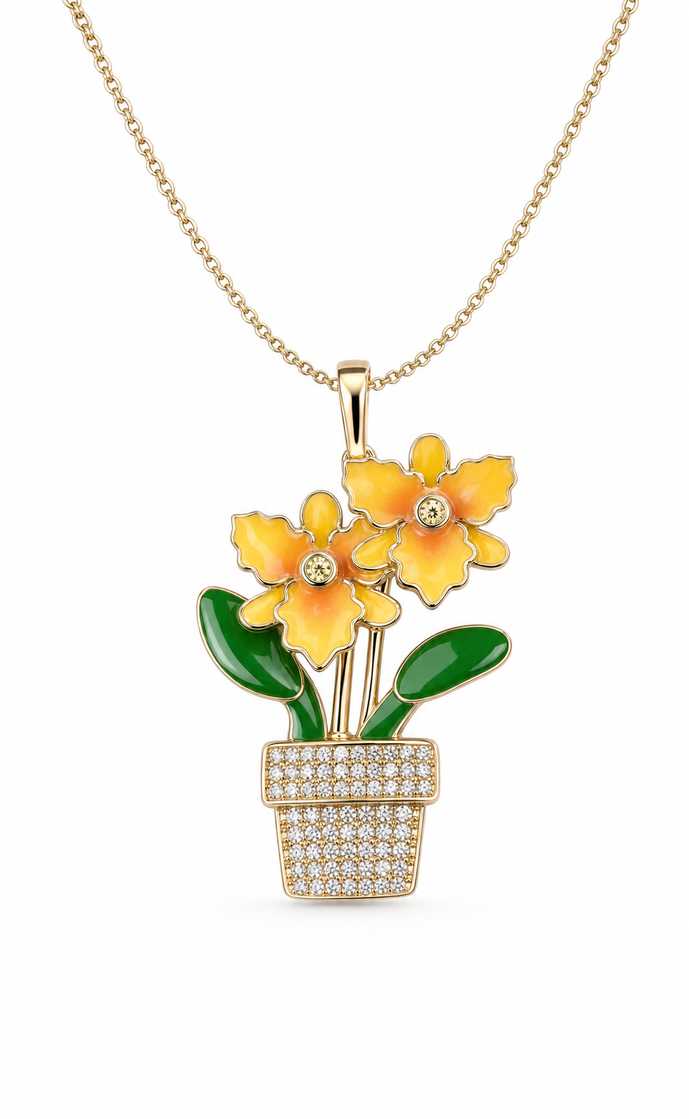 Yellow Cattleya orchid in miniature pot pendant necklace