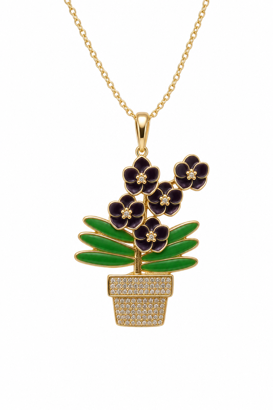 Purple Vanda orchid in miniature pot pendant necklace