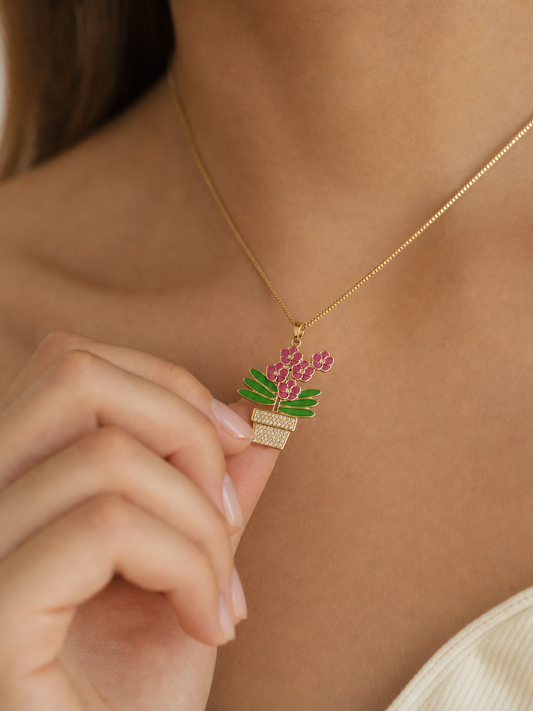 Pink Vanda Orchid Necklace • Potted Plant Pendant • 925 Silver • 14K Gold • Potsy Collection - Orchidique