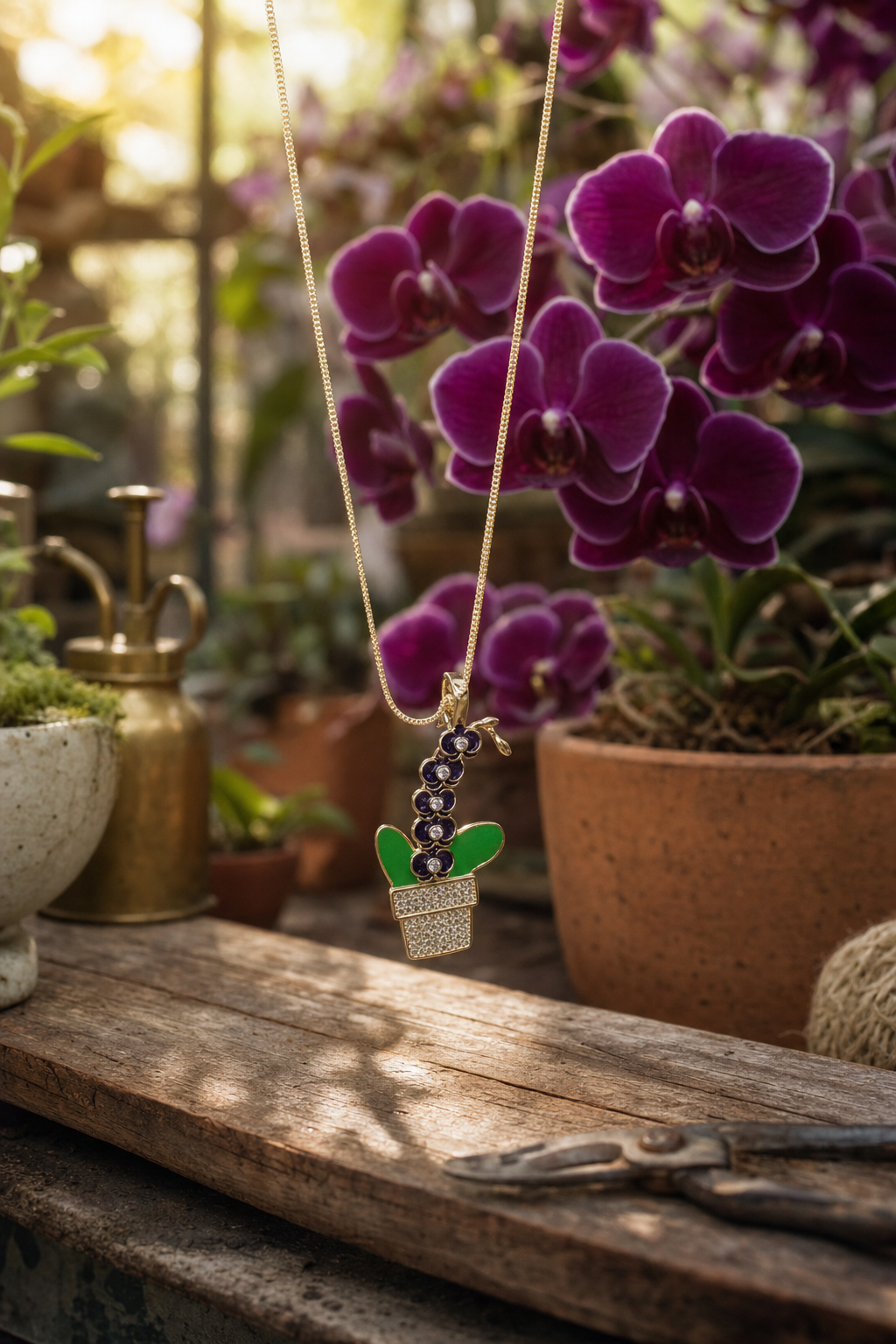 Purple Phalaenopsis Orchid Necklace • Potted Plant Pendant • 925 Silver • 14K Gold • Potsy Collection - Orchidique