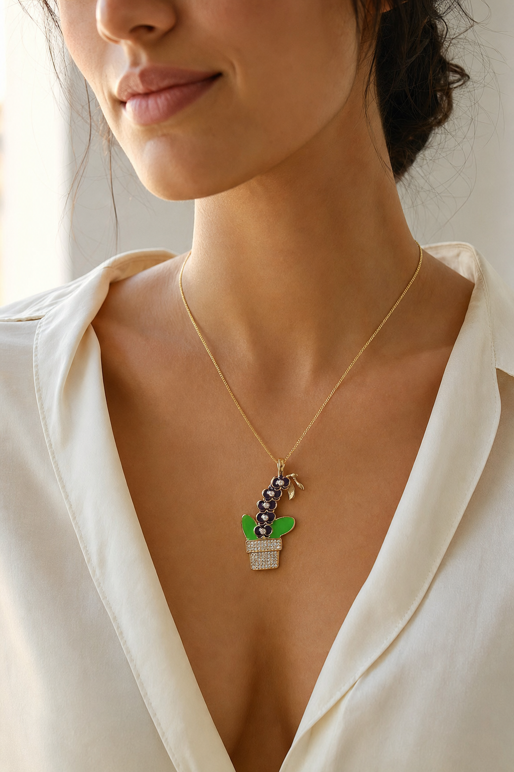 Purple Phalaenopsis Orchid Necklace • Potted Plant Pendant • 925 Silver • 14K Gold • Potsy Collection - Orchidique