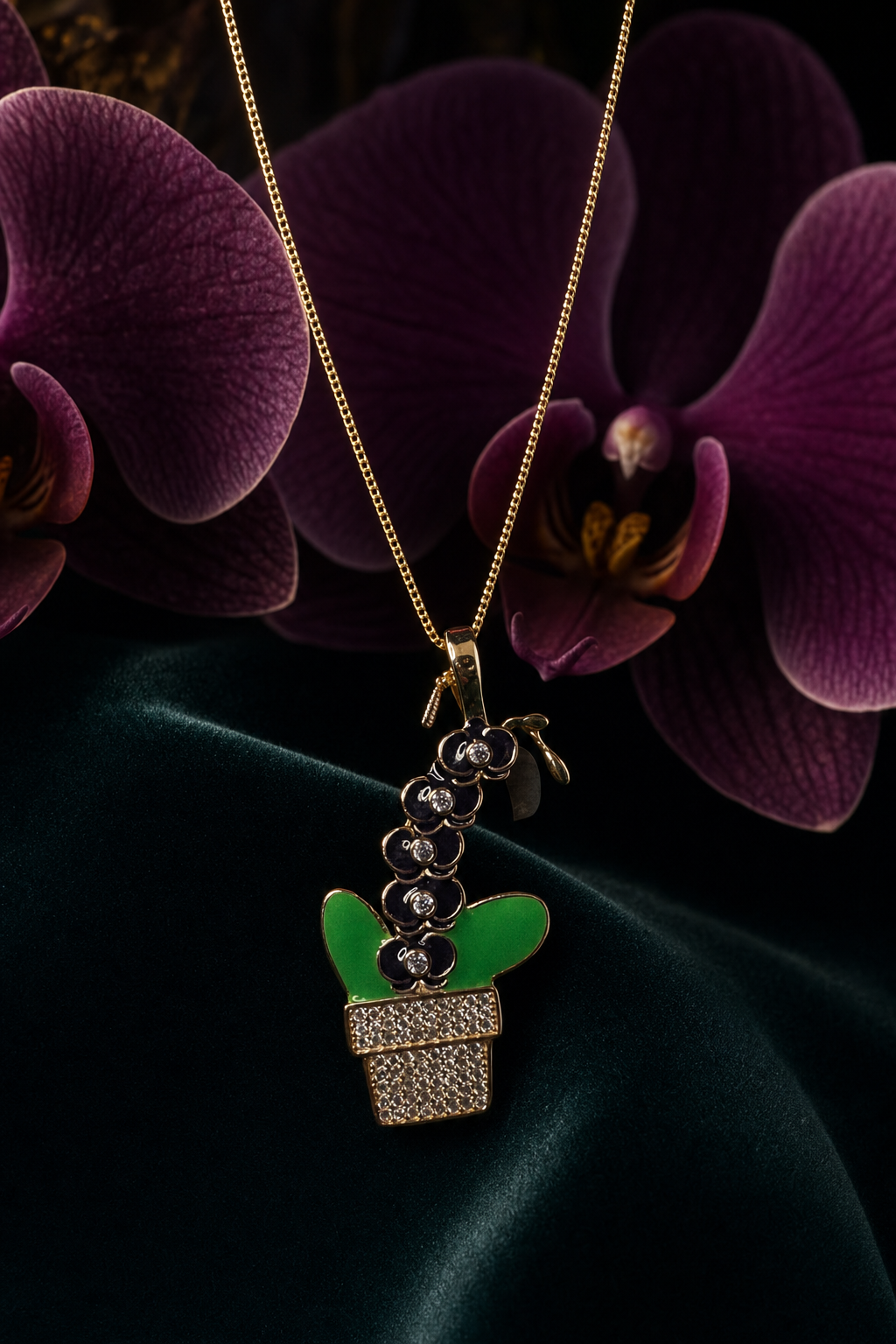 Purple Phalaenopsis Orchid Necklace • Potted Plant Pendant • 925 Silver • 14K Gold • Potsy Collection - Orchidique