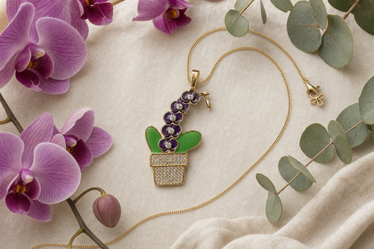 Purple Phalaenopsis Orchid Necklace • Potted Plant Pendant • 925 Silver • 14K Gold • Potsy Collection - Orchidique