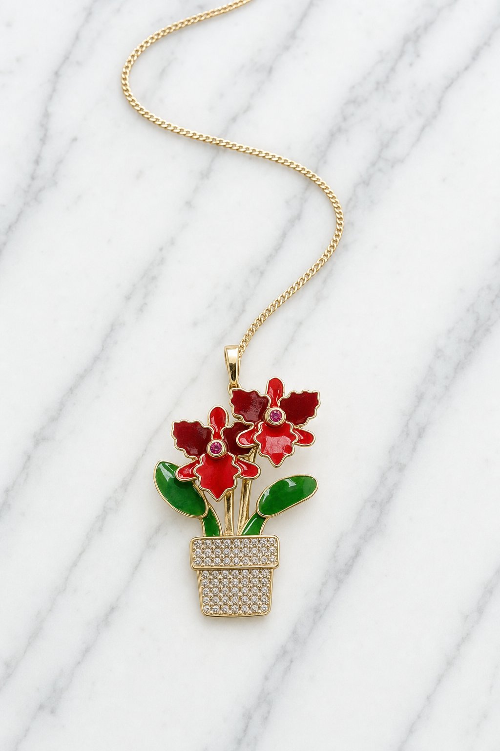 Red Cattleya Orchid Necklace • Potted Plant Pendant • 925 Silver • 14K Gold • Potsy Collection - Orchidique