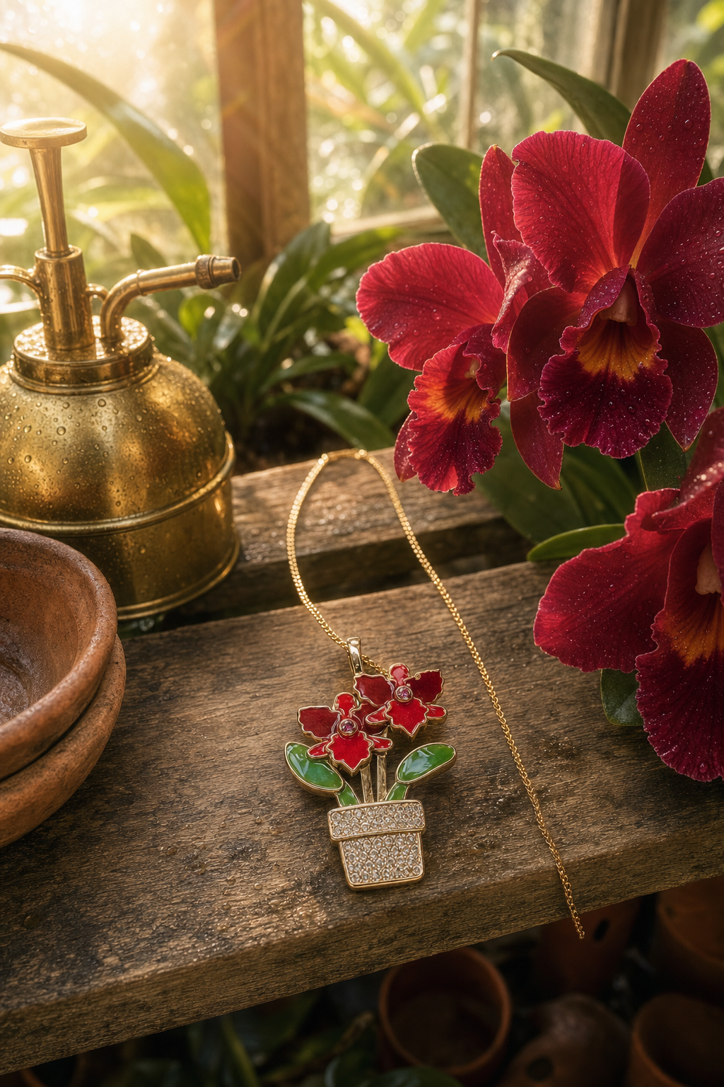 Red Cattleya Orchid Necklace • Potted Plant Pendant • 925 Silver • 14K Gold • Potsy Collection - Orchidique