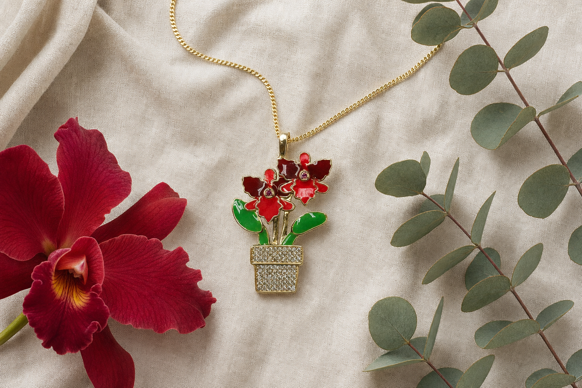 Red Cattleya Orchid Necklace • Potted Plant Pendant • 925 Silver • 14K Gold • Potsy Collection - Orchidique
