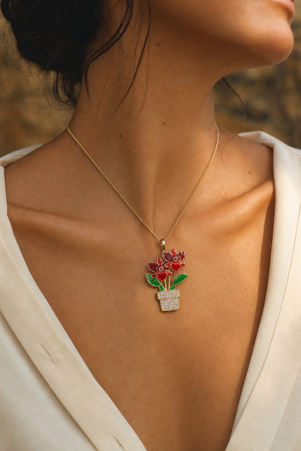 Red Cattleya Orchid Necklace • Potted Plant Pendant • 925 Silver • 14K Gold • Potsy Collection - Orchidique