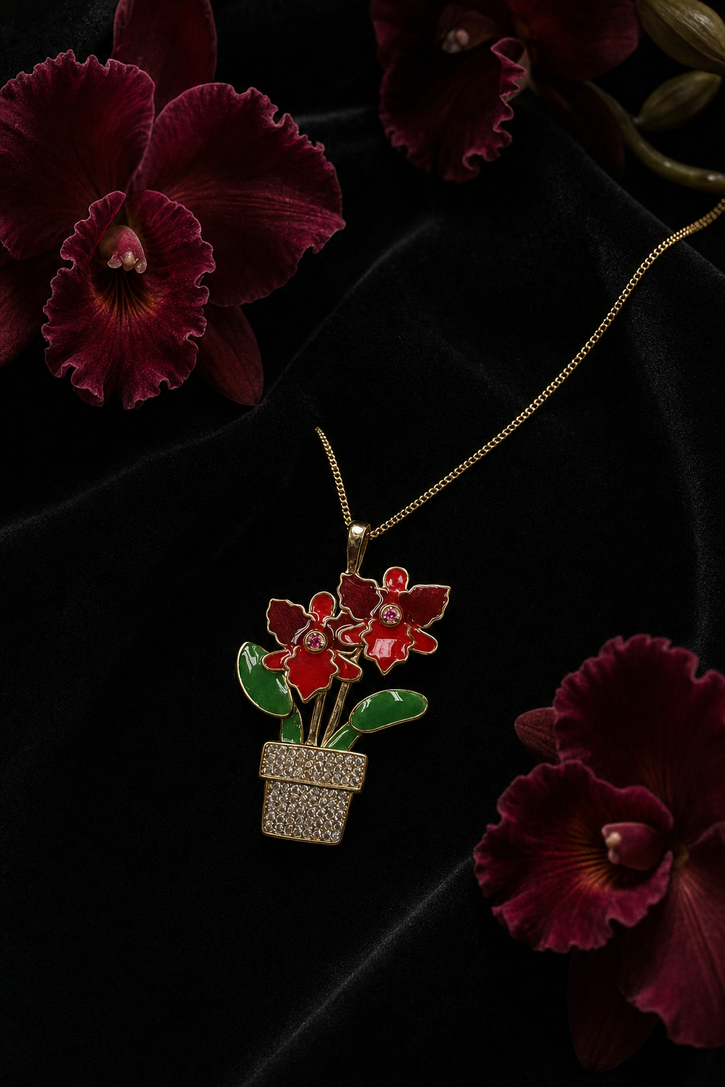 Red Cattleya Orchid Necklace • Potted Plant Pendant • 925 Silver • 14K Gold • Potsy Collection - Orchidique