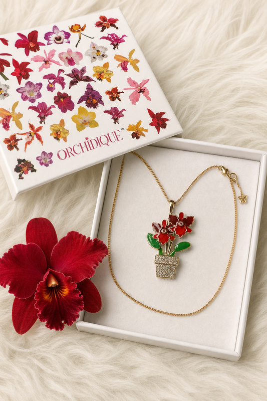 Red Cattleya Orchid Necklace • Potted Plant Pendant • 925 Silver • 14K Gold • Potsy Collection - Orchidique