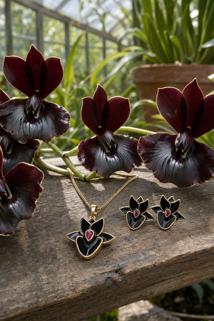 Black Catasetum Orchid Jewelry Set • 925 Silver • 14K Gold • Black Enamel • Ruby Heart Center - Orchidique
