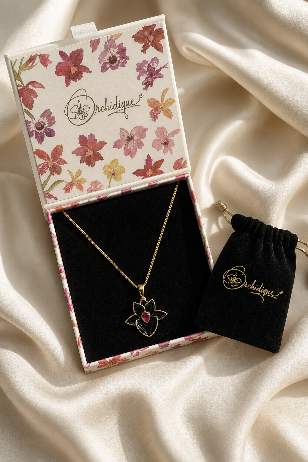 Black Catasetum Orchid Jewelry Set • 925 Silver • 14K Gold • Black Enamel • Ruby Heart Center - Orchidique