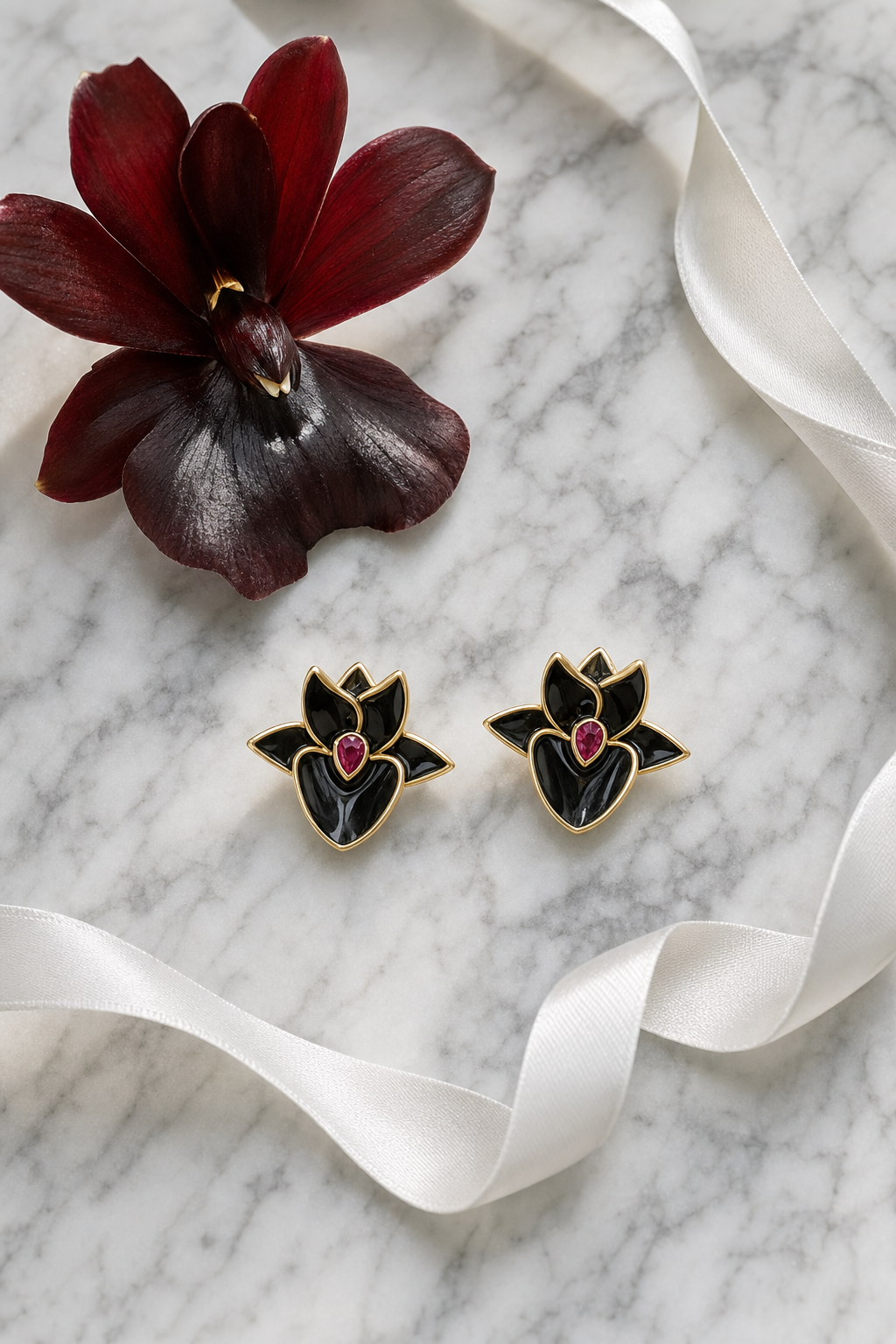 Black Catasetum Orchid Jewelry Set • 925 Silver • 14K Gold • Black Enamel • Ruby Heart Center - Orchidique