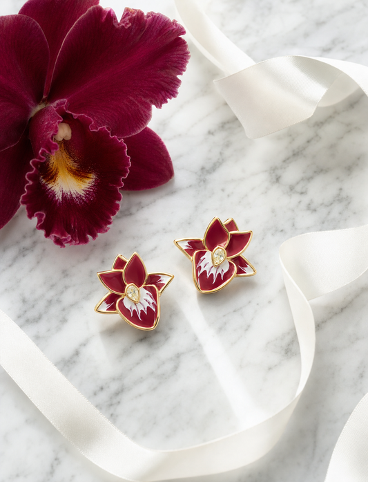 Burgundy Catasetum Orchid Jewelry Set • 925 Silver • 14K Gold • Burgundy Enamel • Mel's Signature - Orchidique
