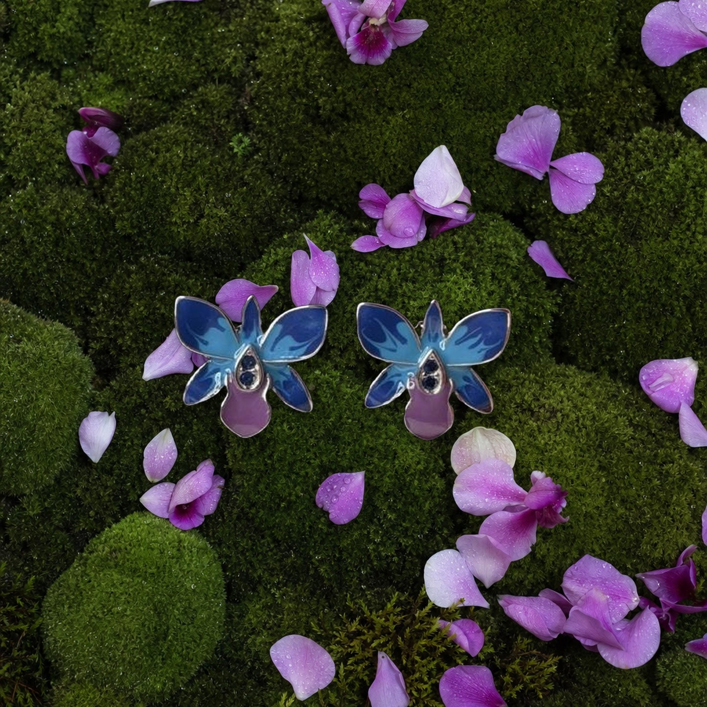 Dendrobium Orchid Jewelry Set • Blue & Purple Enamel Earrings and Ring