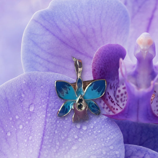 Dendrobium Orchid Jewelry Set • Blue & Purple Enamel Earrings and Ring