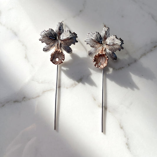 Drama Cattleya Dowiana Dangle Earrings on Blush Silk - Orchidique