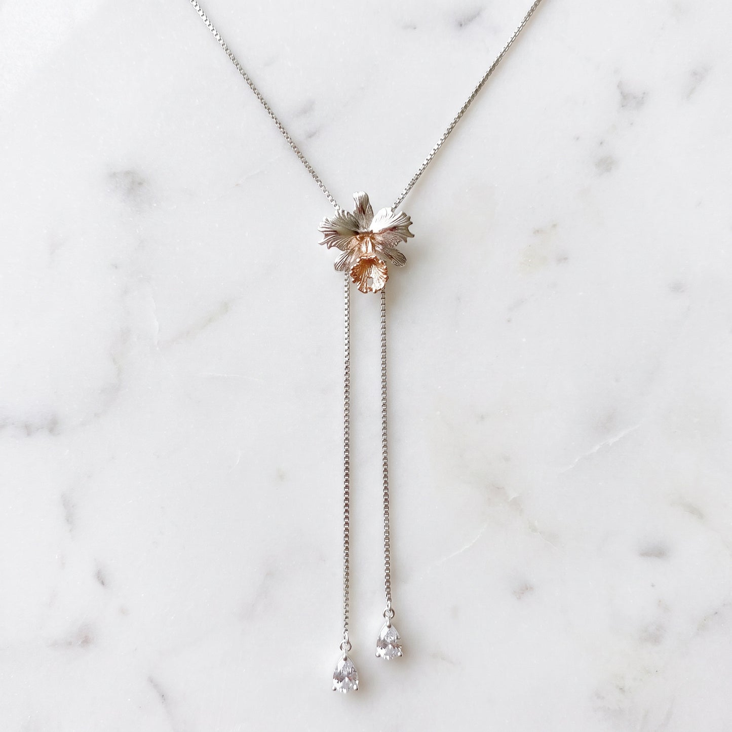 Drama Cattleya Dowiana Lariat Necklace Gift Box with Orchid Blooms - Orchidique