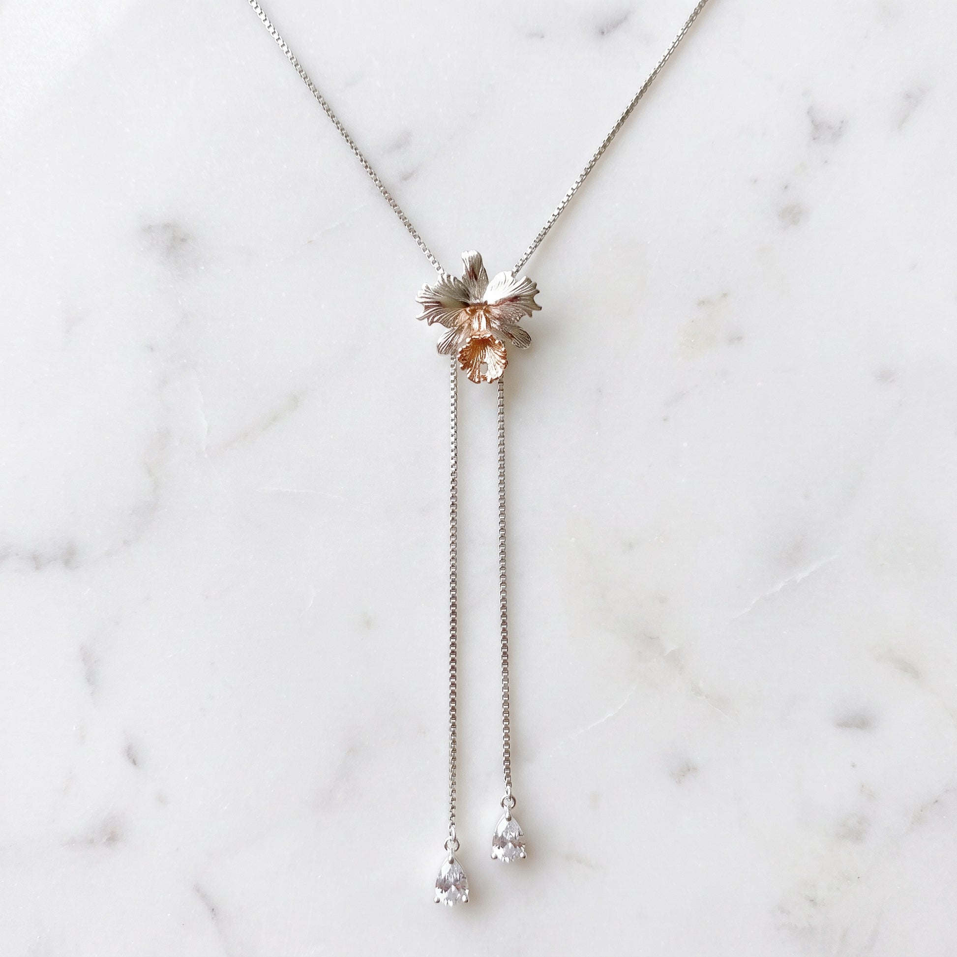 Drama Cattleya Dowiana Lariat Necklace Gift Box with Orchid Blooms - Orchidique