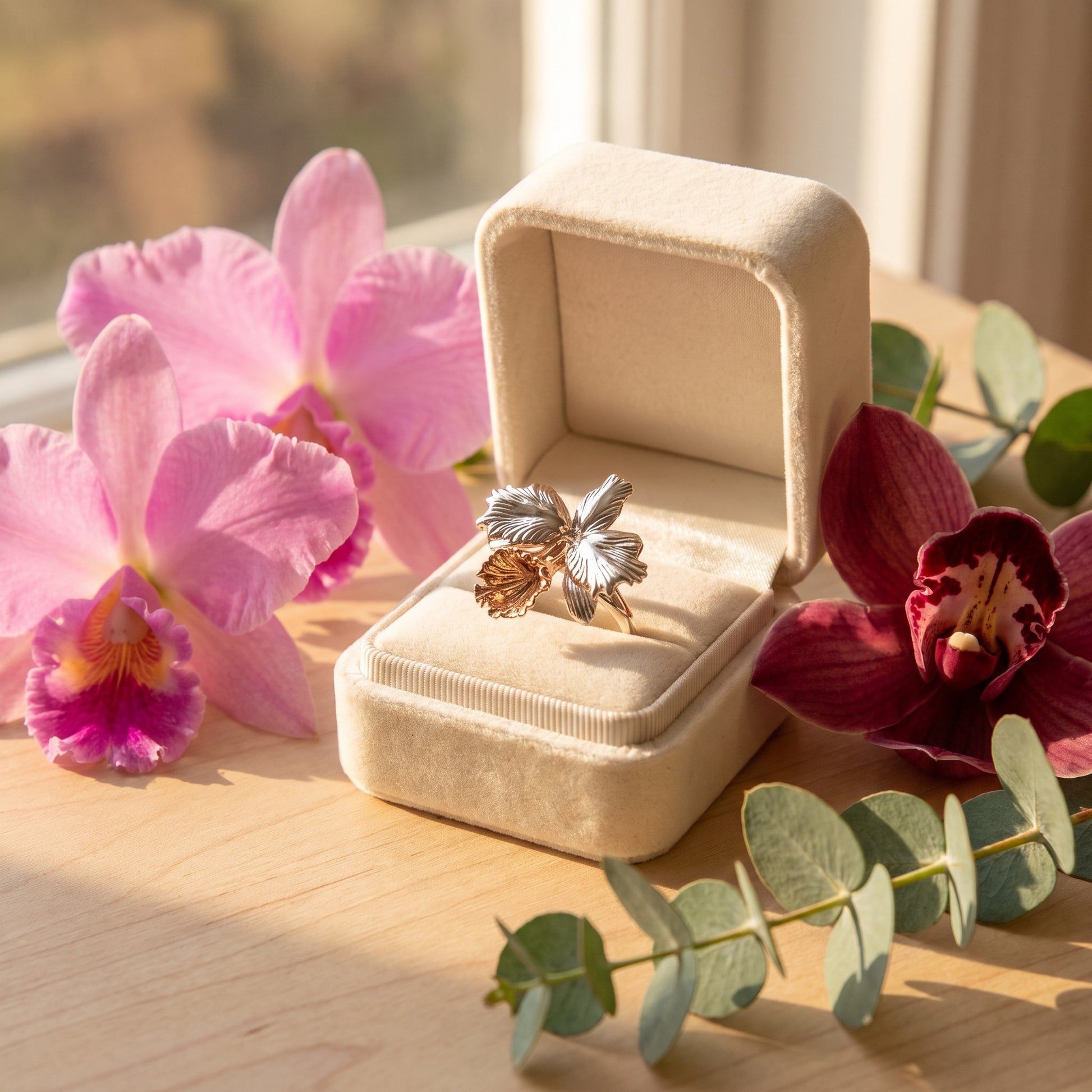 Drama Cattleya Dowiana Statement Ring On Finger Close-Up - Orchidique