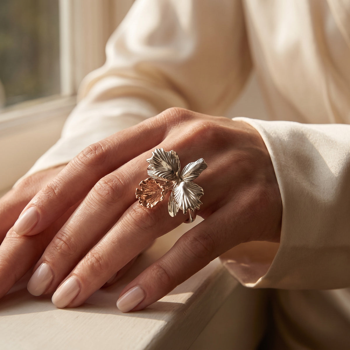 Drama Cattleya Dowiana Statement Ring on Moss & White Cattleyas - Orchidique