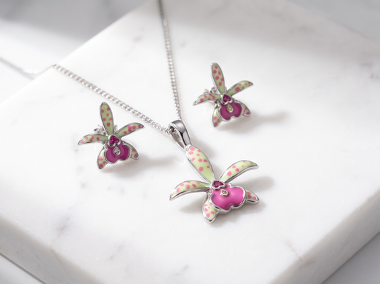 Small World Hippodamia Lime & Fuchsia Orchid Jewelry Gift Box with Orchid Blooms - Orchidique