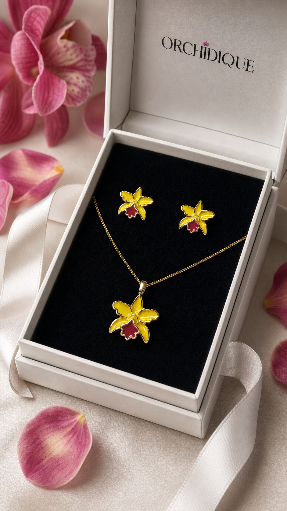 La Colombiana Collection Yellow & Red Cattleya Orchid Jewelry Set in gift box with orchid petals - Orchidique