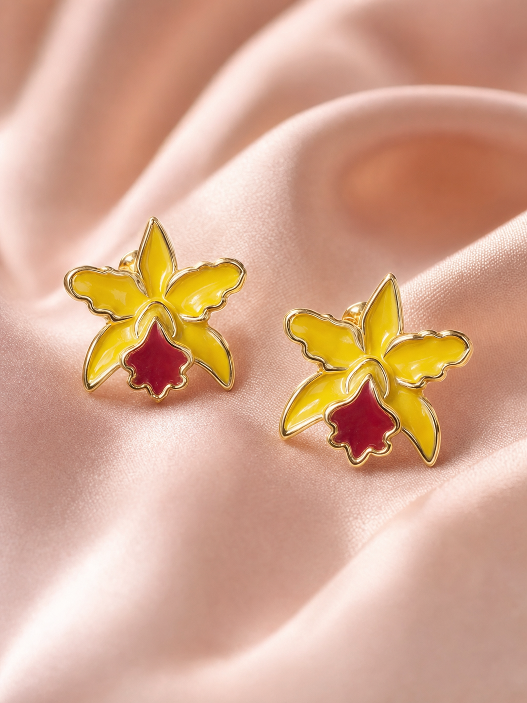 La Colombiana Collection Yellow & Red Cattleya Orchid Earrings on blush silk - Orchidique