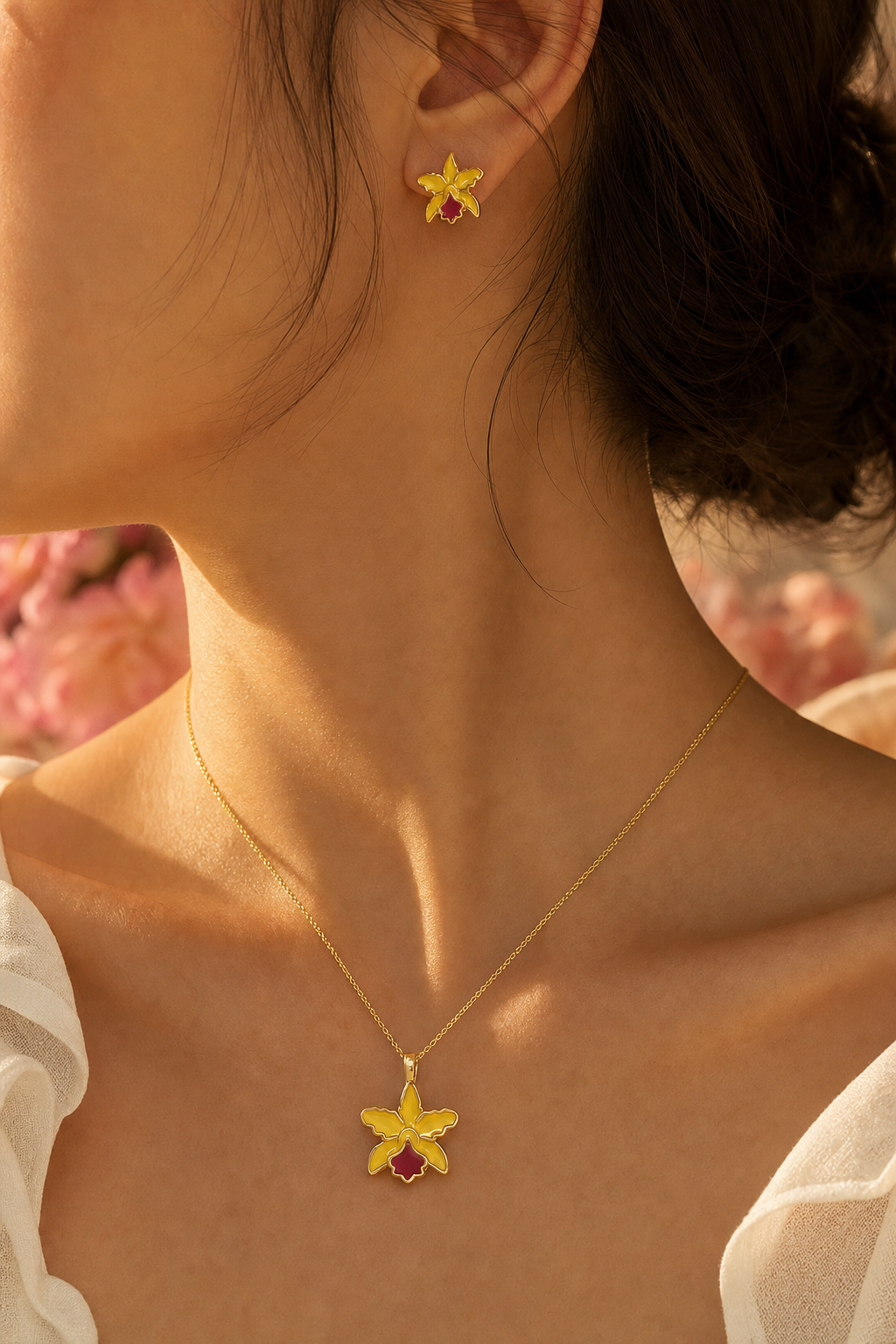 La Colombiana Collection Yellow & Red Cattleya Orchid Necklace and Earrings on model - Orchidique
