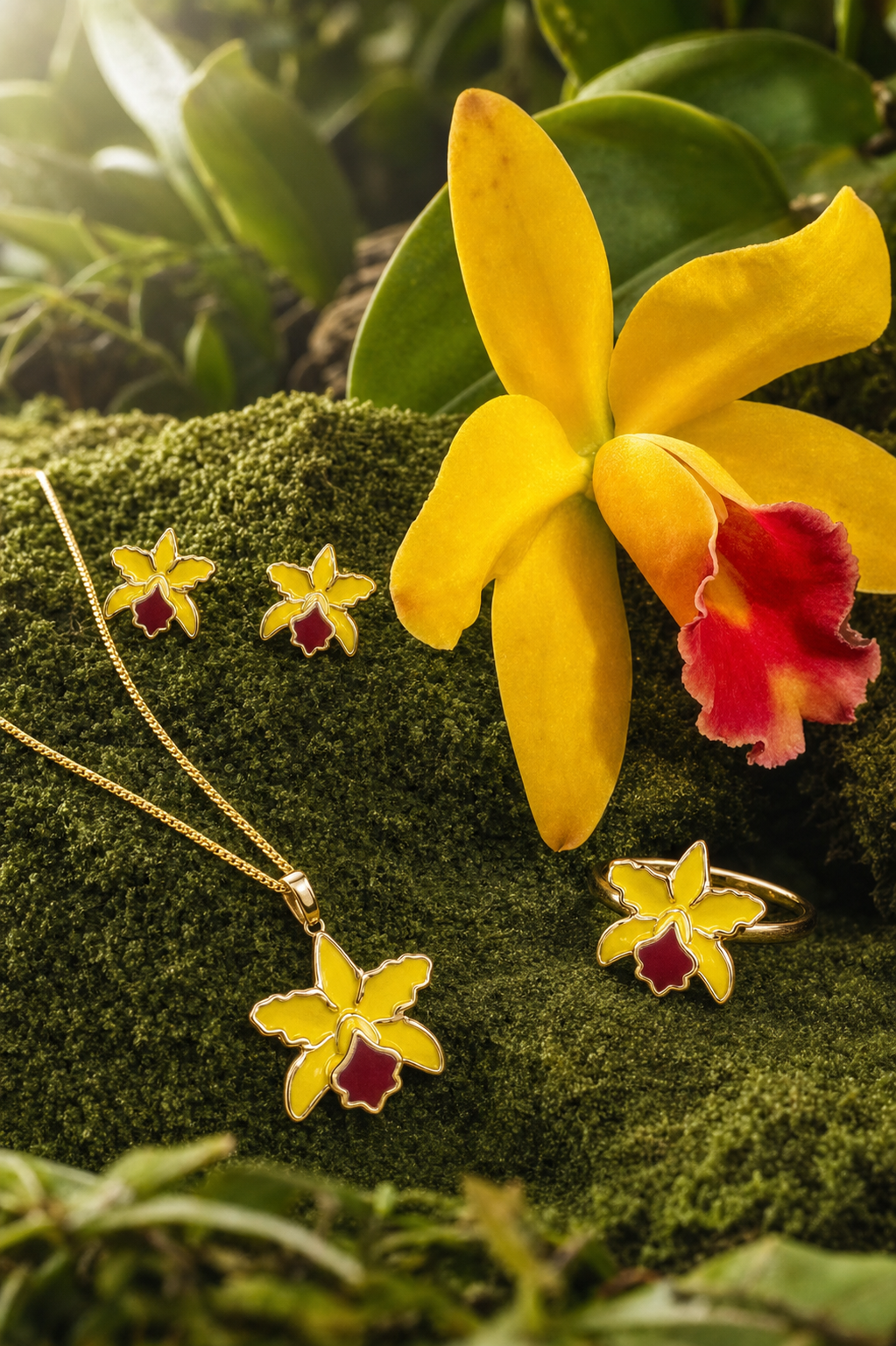 La Colombiana Collection Yellow & Red Cattleya Orchid Jewelry Set with real Cattleya orchid bloom - Orchidique