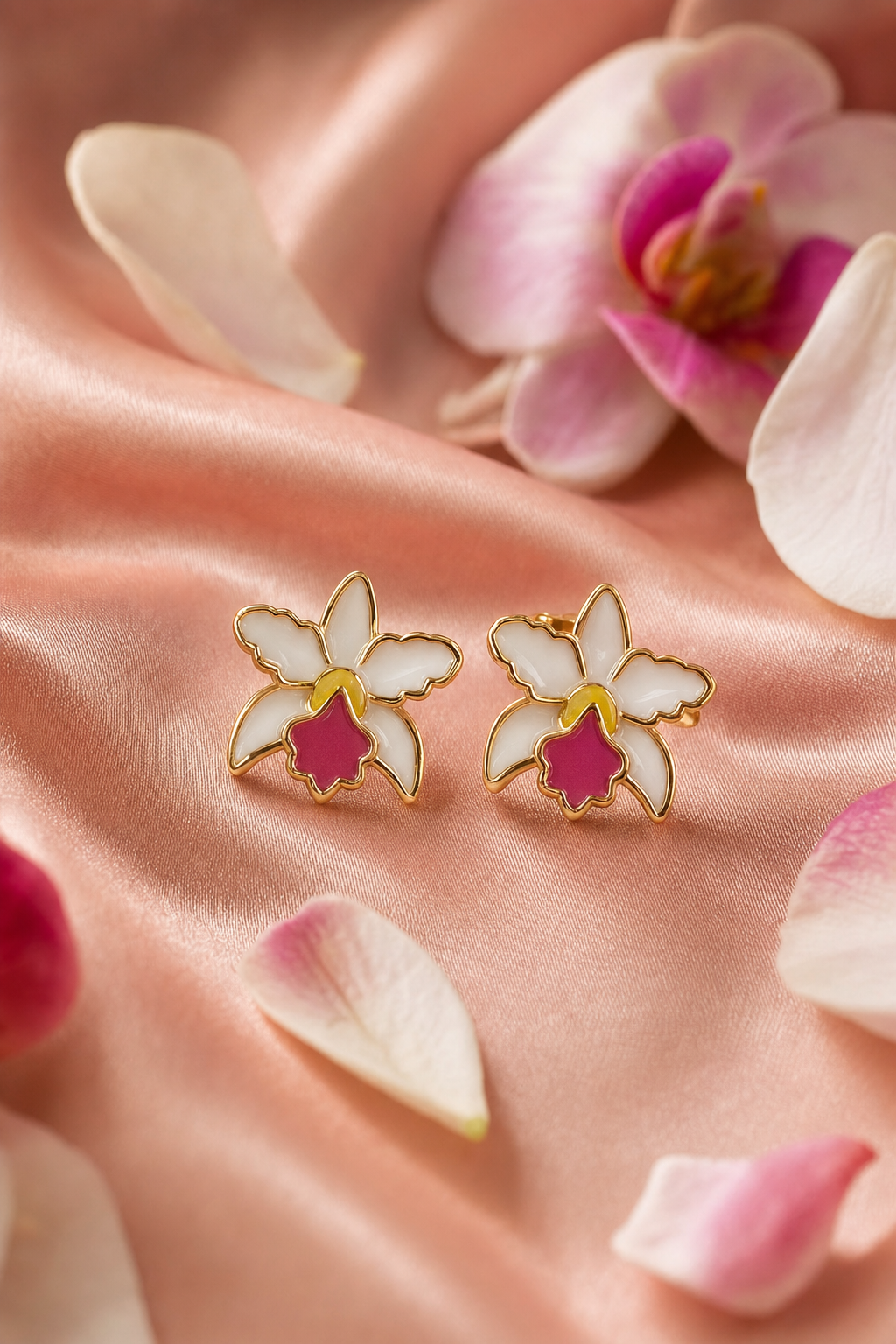 La Colombiana Collection White & Pink Cattleya Orchid Earrings on blush silk - Orchidique